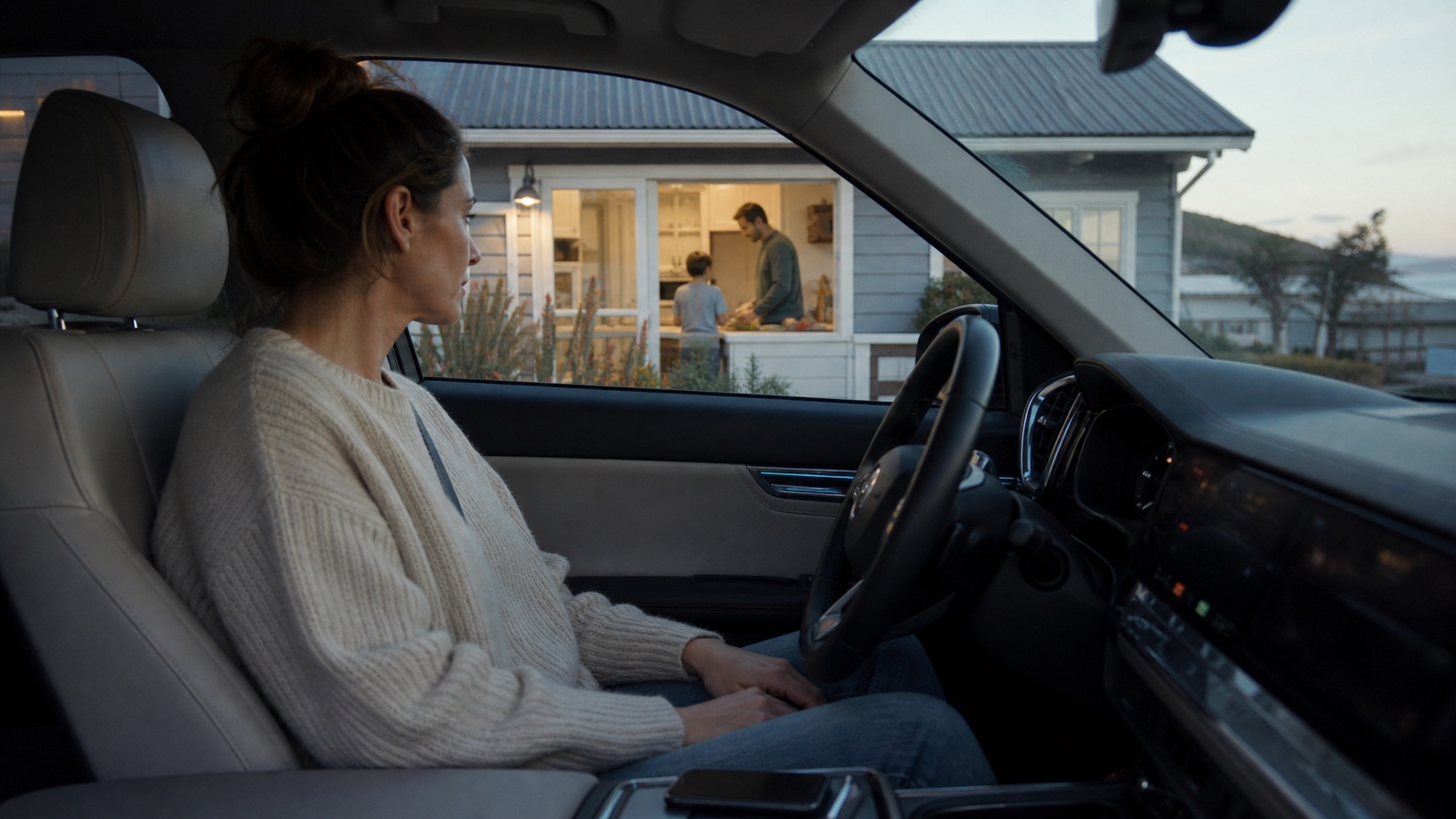 A woman pausing in a parked car before entering a warm home
