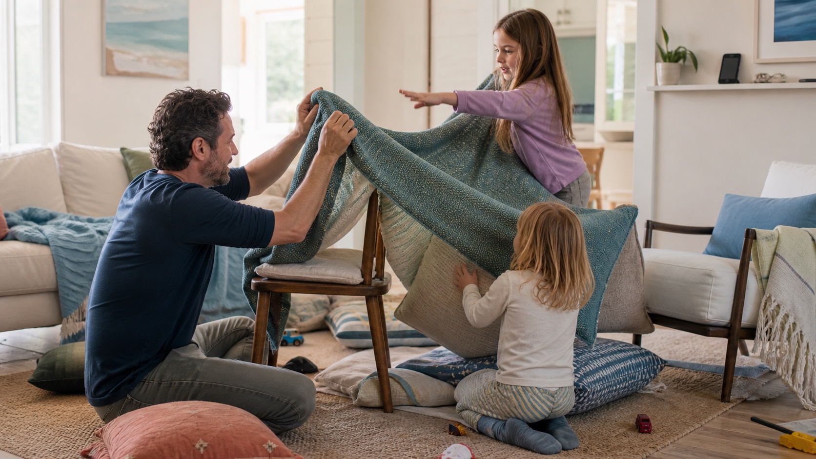 A father and children building a blanket fort together in a family room